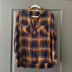 Navy and yellow plaid flannel with criss cross front